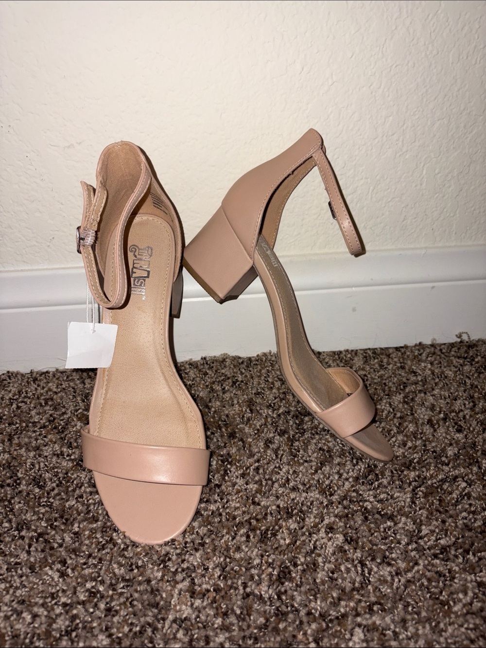 Strappy Nude Ankle-Strap Block Heels by Unbranded